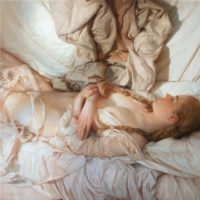 peinture jeune fille à moitié nue dans un lit